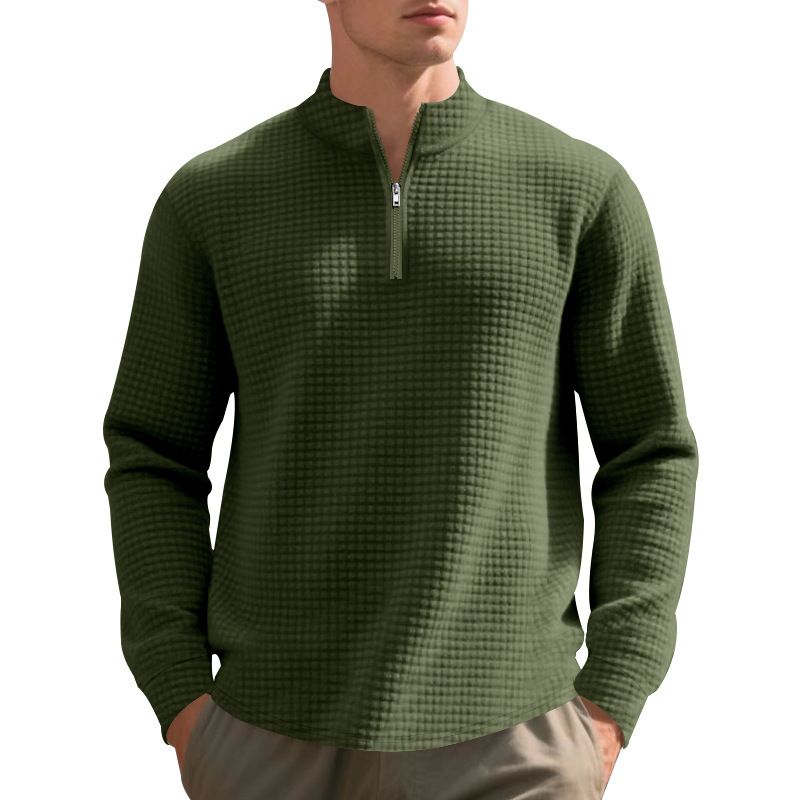 Men's Casual Pullover Sweatshirt With Jacquard Design, Stand Collar & Half-Zip, Loose Fit, Autumn/Winter Essential_voghion.com