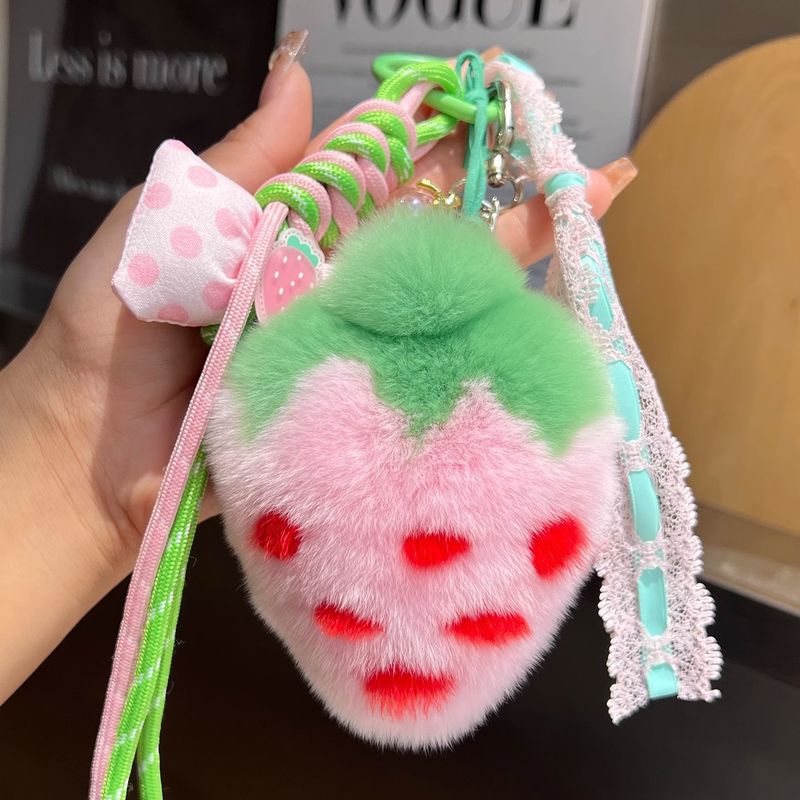 Lindo llavero de peluche con forma de fresa de conejo Rex para coche, bolso, mochila, adorno de alta gama, regalo de cumpleaños_voghion.com