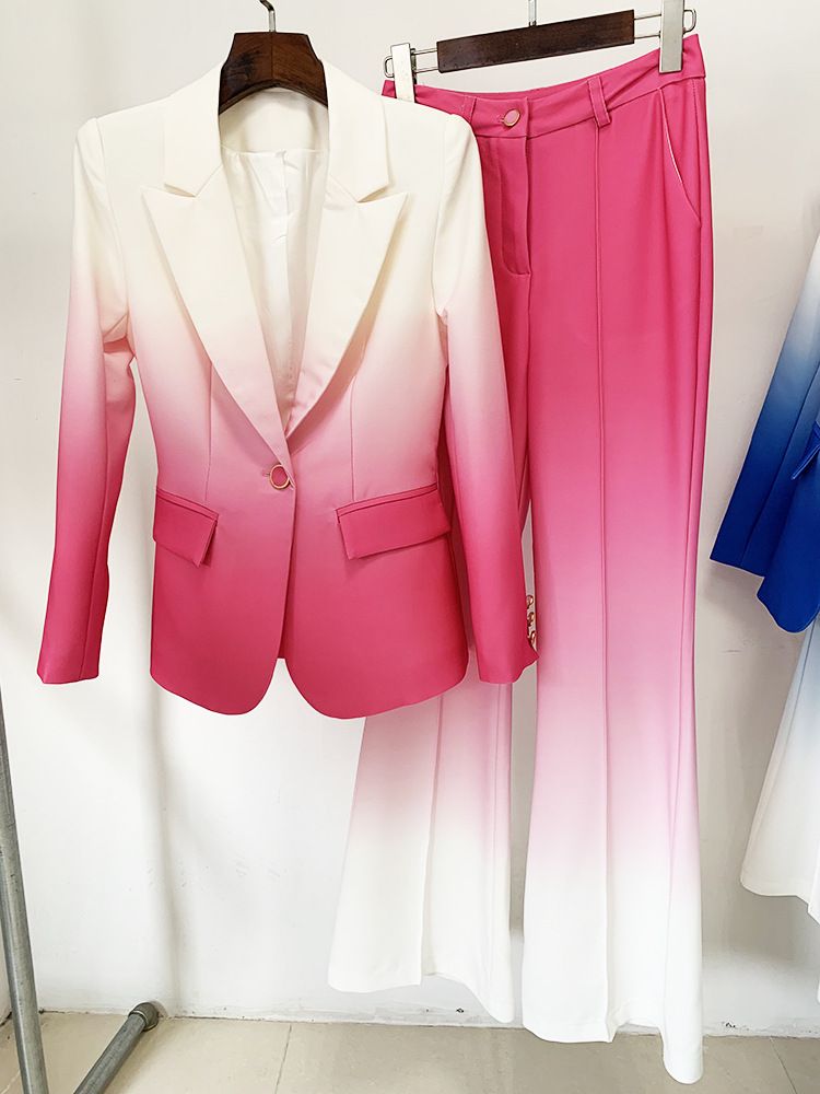Costum slim cu pantaloni evazați, costum din două piese, pentru femei, la modă, cu gradient de temperament_voghion.com