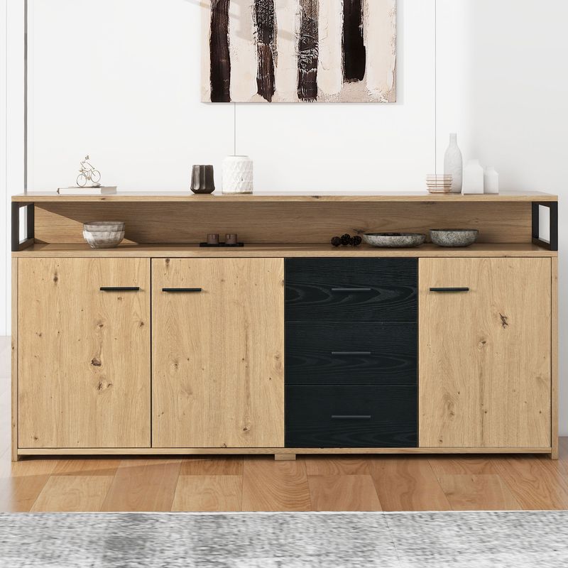 Buffet industriel trois portes et trois tiroirs, meuble de rangement multifonctionnel avec poignées en métal, armoire de cuisine, meuble de rangement pour chambre, salon et bureau, 150 x 35 x 75,9 cm_voghion.com