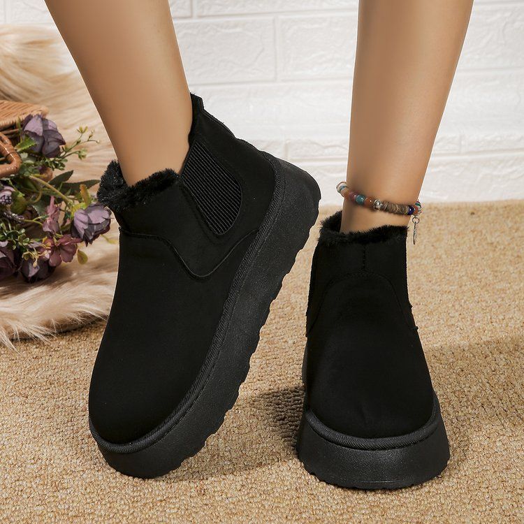 Damen-Winterstiefel mit dicker Sohle und Kunstfellfutter – warme Slip-On-Freizeitschuhe mit runder Zehenpartie für kaltes Wetter (Schwarz, Braun, Beige, Grau)_voghion.com