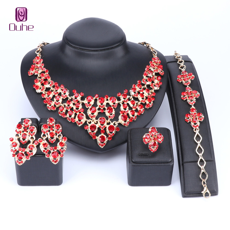 Trendy Design Kāzu Red Rhinestone zelta krāsu rotaslietas komplekti Auskari Aproces Kaklarota Gredzeni Sievietēm_voghion.com