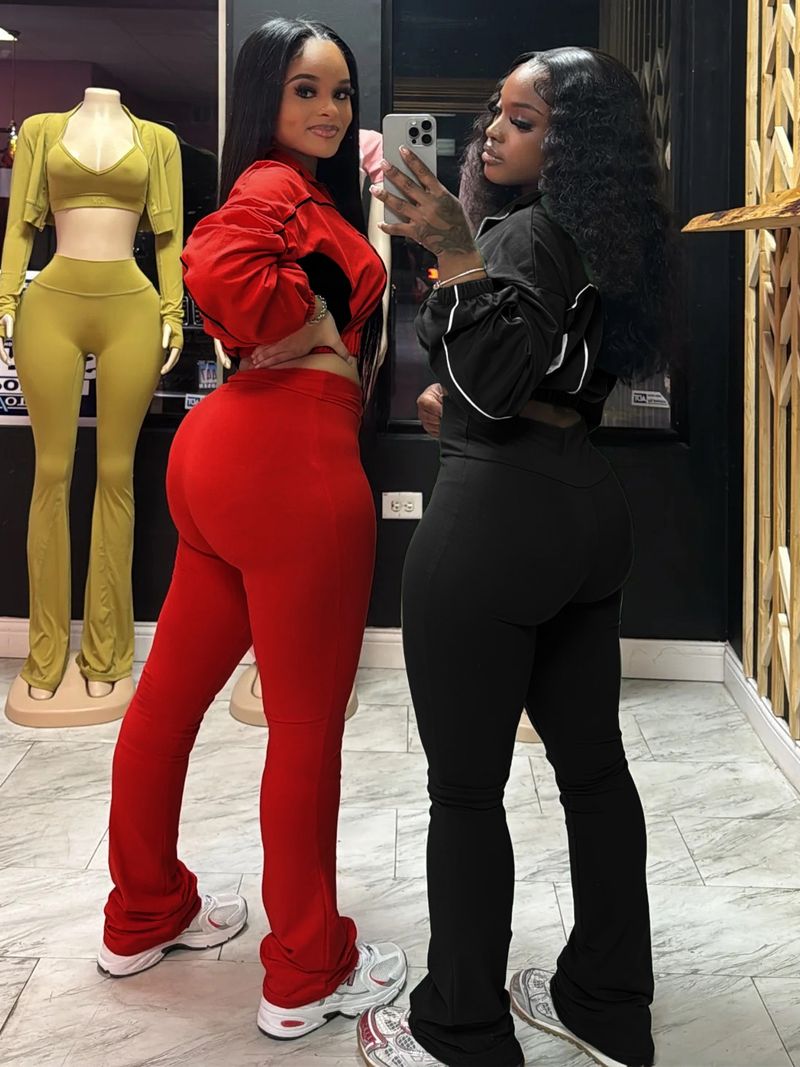 Women's Stylish Two-Tone Contrast Stitching Zip-Front Flared Pants Set – Trendy Office & Casual Outfit_voghion.com