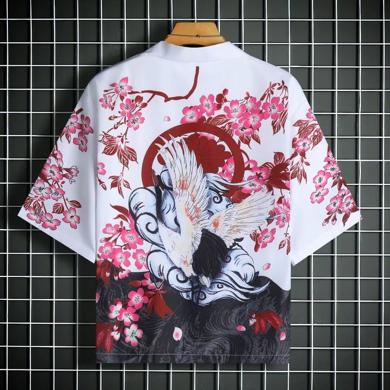 Cardigan de style ethnique, kimono, ample et décontracté, manches sept-quarts peintes Ukiyo-e, pour hommes et femmes, robe tissée en plumes_voghion.com