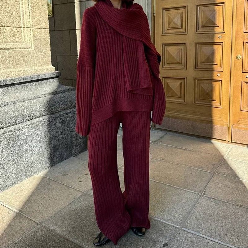 Oversized Knit Sweater & Scarf Set – Fall/Winter Women's Loungewear (Wine Red/Sage Green/Gray, S-L)_voghion.com