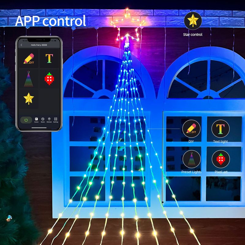 Holiday Lighting Smart Bluetooth Five Pointed Star Waterfall Light 3.6m Christmas Decoration Hanging Tree Trailer Light LED Starry Sky Flowing Water_voghion.com
