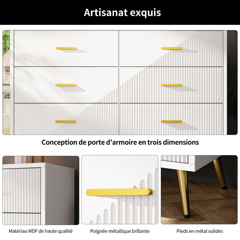 Kommode Weiß Mit 6 Schubladen, 3D-Schranktürdesign, Goldene Beine_voghion.com