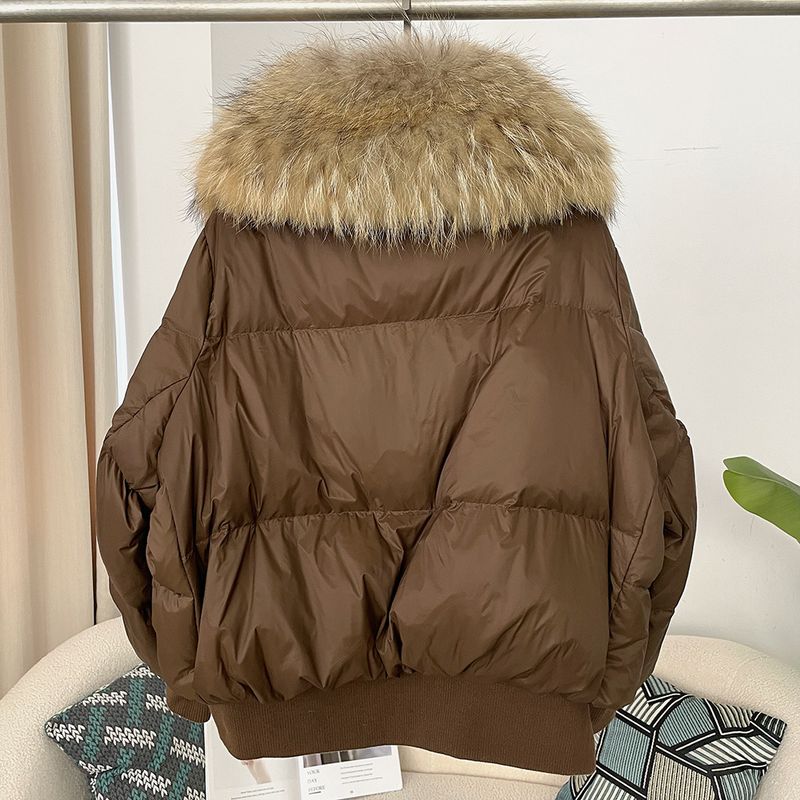 Women's Clothing Ready to stock detachable oversized raccoon fur collar winter women's short thickened white duck Warm jacket jacket flat coat coat_voghion.com