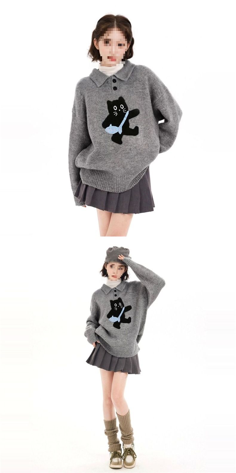 Pull-over gris à col rabattu pour femme, maille épaisse et ample style décontracté, idéal pour l'automne et l'hiver_voghion.com