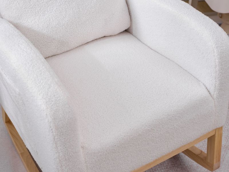 Modern Accent Rocking Chair Rocking Chair With Solid Wood Legs, Upholstered Nursery Glider Rocker, Comfy Armchair With Side Pocket, Living Room Lounge Arm Chair With High Backrest (White,teddy)_voghion.com