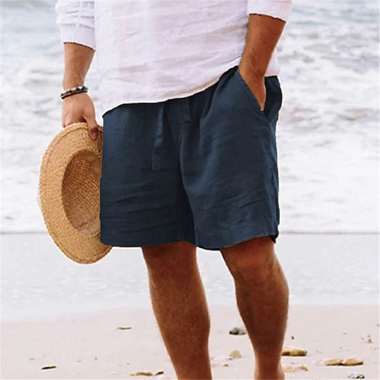 Pantaloncini da uomo, cotone e lino, coulisse estiva, vita elastica, gambe dritte, tinta unita, comodi, traspiranti,_voghion.com