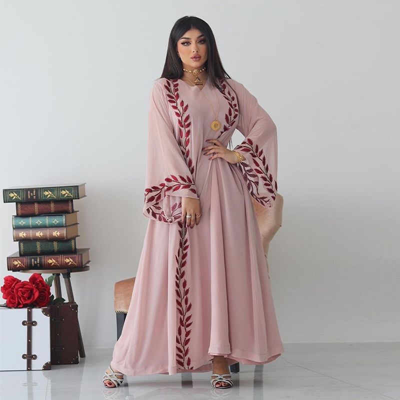 Damenmode Street Chiffon langes muslimisches besticktes rosafarbenes Rundhalskleid mit Hijab_voghion.com
