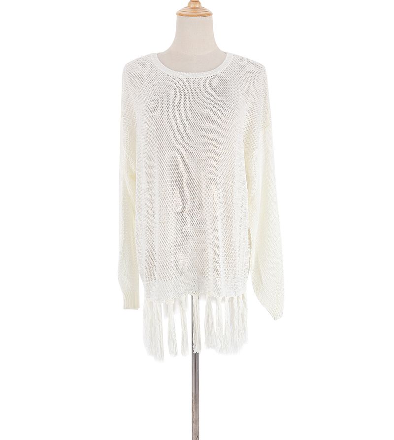 Women's Crochet Lace Fringe Beach Cover Up – Boho Chic Bikini Wrap, Lightweight Sun Protection Shirt, One Size Fits All_voghion.com