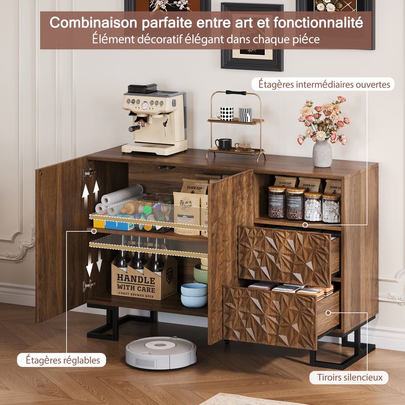 Beistellschrank 120x78,5cm Walnussoptik Mit Blattrelief, 2 Türen & 2 Schubladen_voghion.com