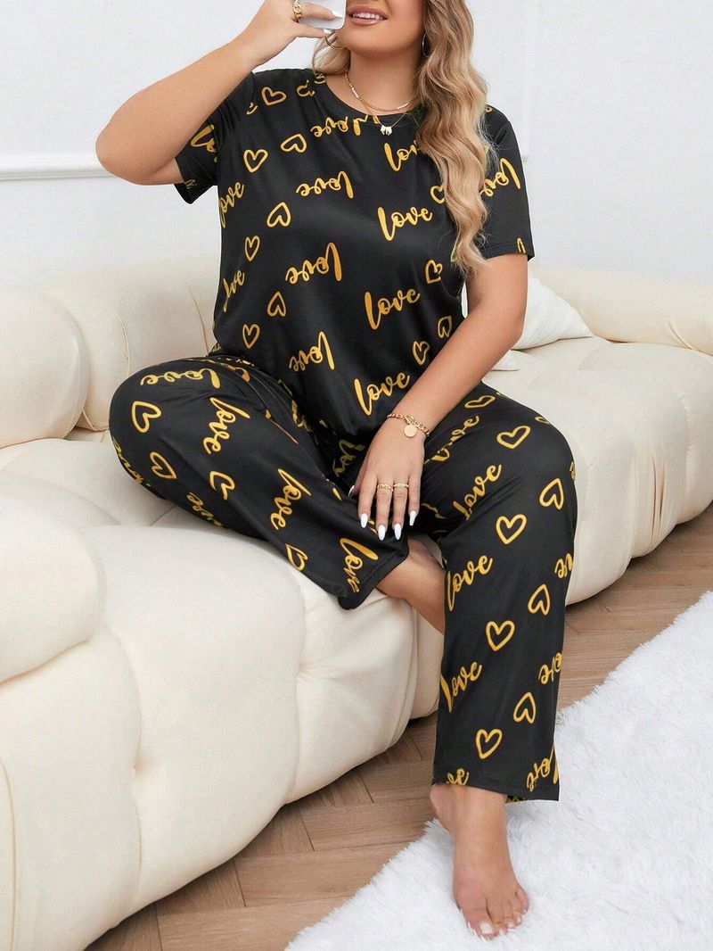 Women's Sleepwears Large Size Home Clothes Plus Size Plus Size Love Round Neck Short Sleeved Trousers_voghion.com