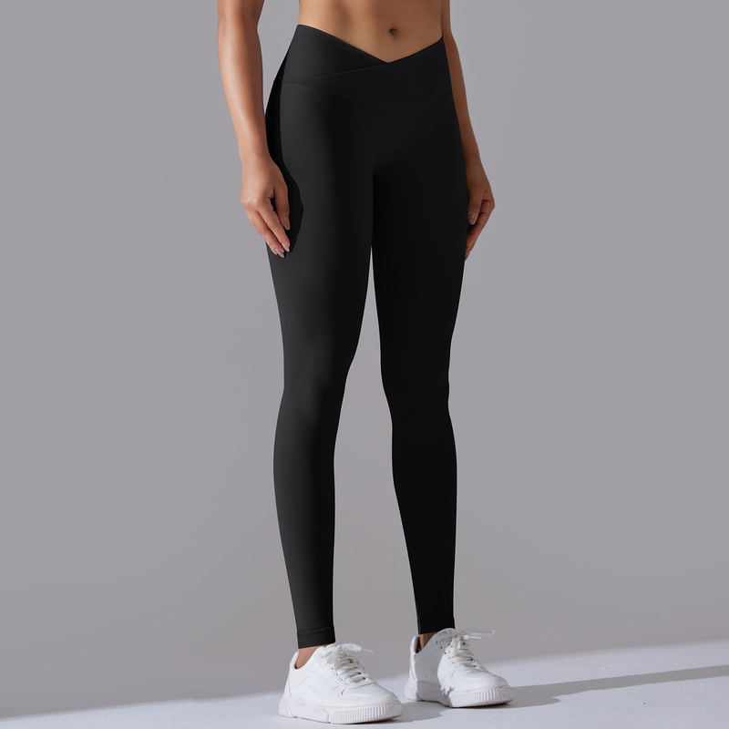 Pantaloni da yoga a nove punti da fitness da donna, lavorati a maglia, traspiranti, in tinta unita, a vita incrociata, color pesca, senza cuciture_voghion.com