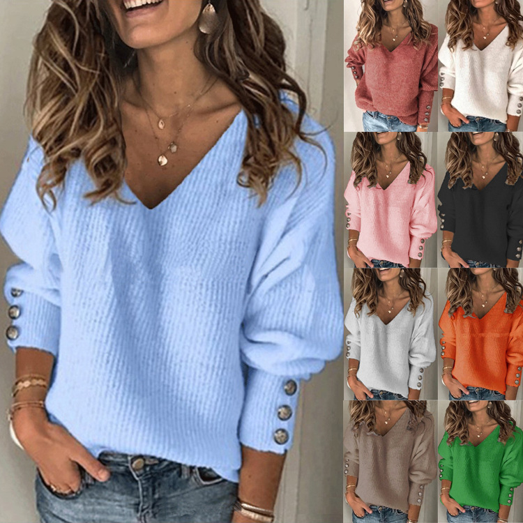 Women's loose T-shirt solid color V-neck sweater top woman_voghion.com