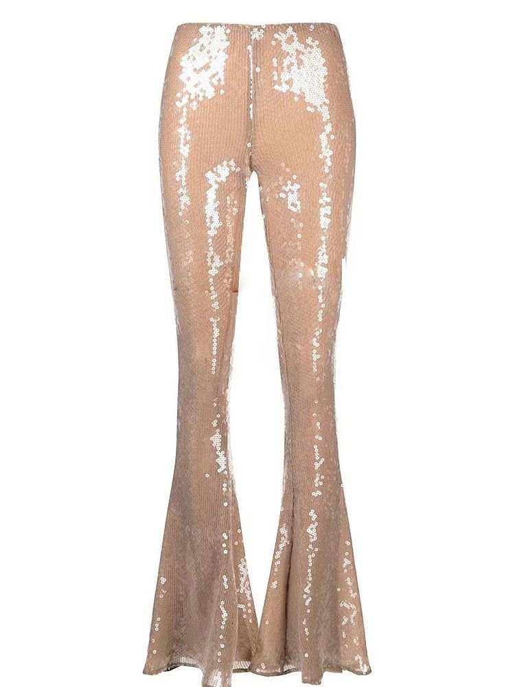 Ropa de mujer, moda estrella, mangas trompeta divididas, camisa de malla con cuentas y lentejuelas transparentes, pantalones acampanados_voghion.com