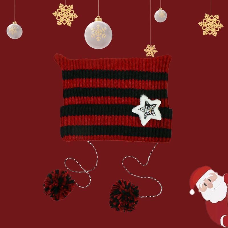 Joer gestrickte Fraen Hierscht a Wanter verdickt waarm Woll Chrëschtdag kleng rout Hutt Koreanesch Gesiicht kleng 2023 Nei_voghion.com