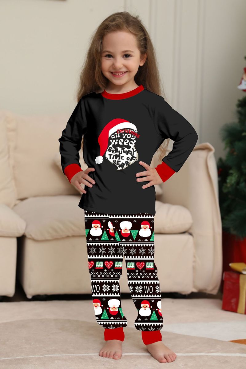Flammhemmender Stoff Neue Kinderkleidung Weihnachtsmütze Buchstabendruck Heimkleidung für Jungen und Mädchen Langarmhose Schwarzer Pyjama_voghion.com