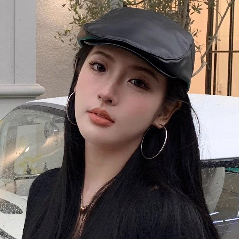 Zwarte baret voor dames 2024 Nieuwe lente- en herfstmodetrend Leren voorwaartse pet Grote hoofdomtrek Gezicht_voghion.com