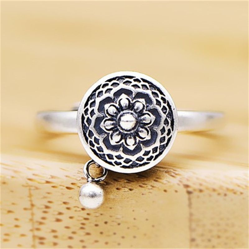 Modni retro budistički šestoliki Sveto pismo okretanje Sutra kotača za muškarce nakit etničko zvono lotosov prsten Sier žene bijou_voghion.com