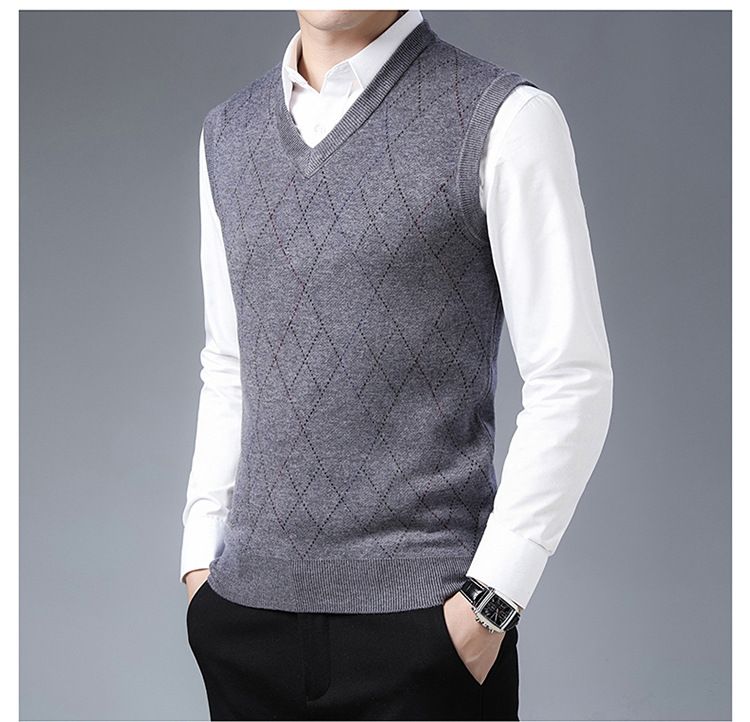 Colete masculino sem mangas com decote em V e mistura de lã - Padrão xadrez e camuflagem, corte slim, pulôver casual para o outono_voghion.com