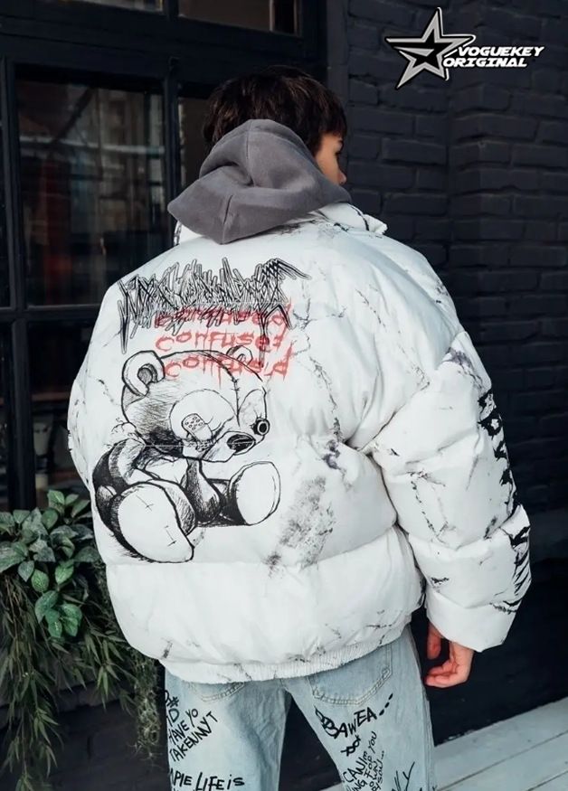Veste ample en coton à imprimé graffiti ours foncé de style américain pour hommes, manteau à pain pour couple hip hop de grande rue_voghion.com