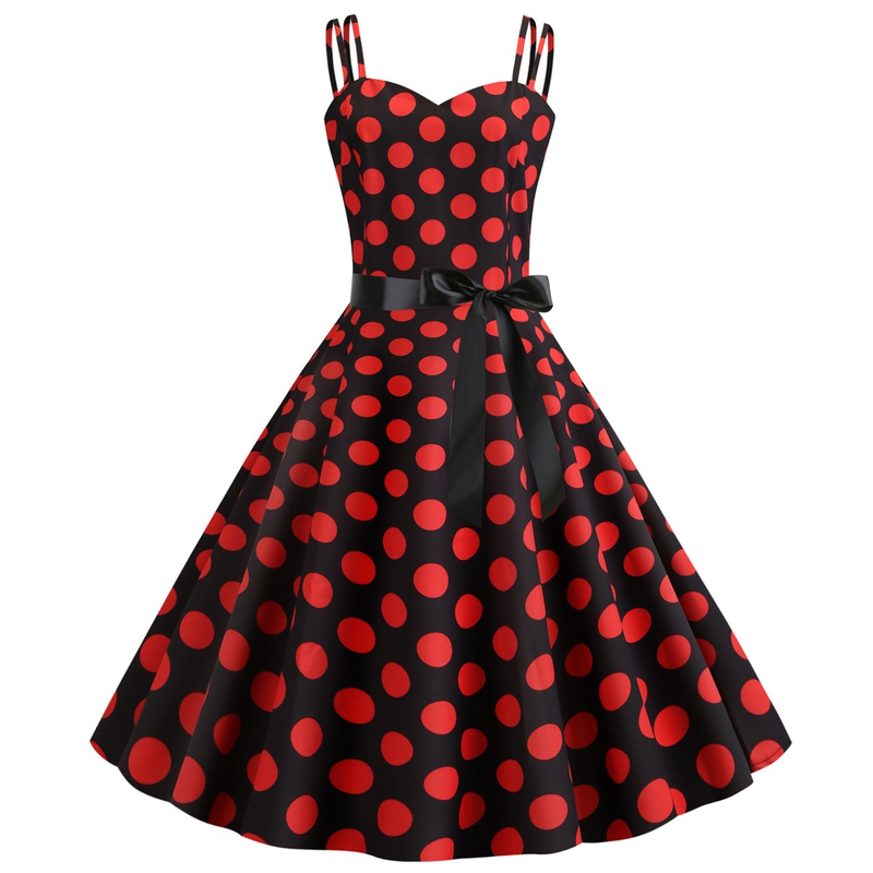 L8036 Neue Sommer frauen Sexy Doppel Strap Open Back Polka Dot Print A-linie Kleid_voghion.com