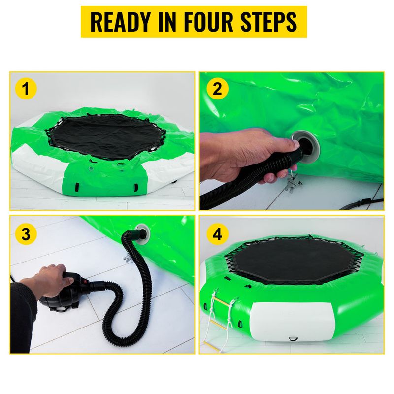 VEVOR Inflatable Water Trampoline 10FT , Round Inflatable Water Bouncer with 4-Step Ladder, Water Trampoline in Green and White for Water Sports._voghion.com