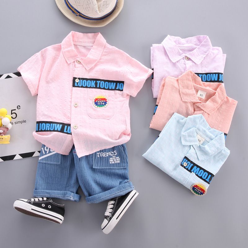 Children's thin men's lapel short sleeved summer casual children's single breasted shirt two-piece set_voghion.com