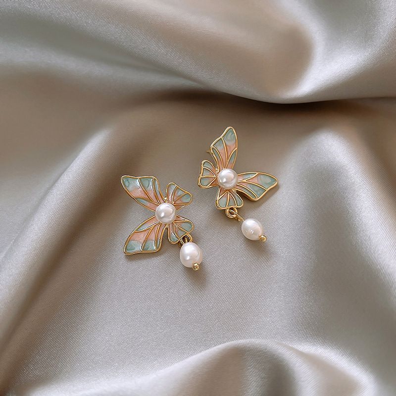 Orecchini di perle a forma di farfalla colorata in stile dipinto a olio, orecchini retrò con temperamento femminile, orecchini in argento sterling, nuovi per l'inizio della primavera_voghion.com