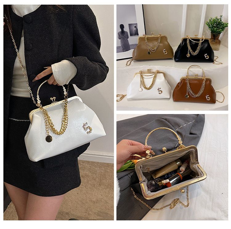 Damen 2023 neue goldene Mundtasche, trendige Modekette, One-Shoulder-Handtasche, Abendessentasche_voghion.com