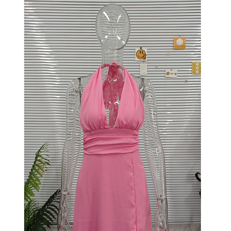 Abito da donna sexy in pizzo con spacchi laterali, tinta unita, con scollo a V e schiena nuda, primavera ed estate 2025_voghion.com