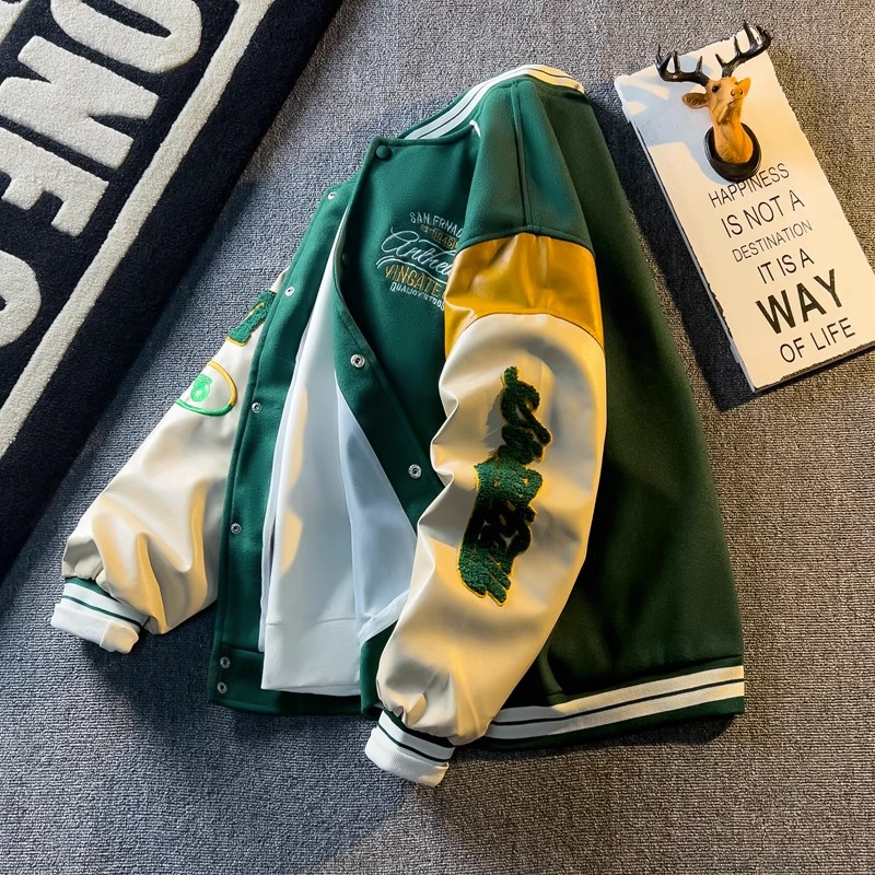 Spring And Contrast Color American Embroidered Leather Sleeve Coat Men's Korean Style Trend Baseball Suit Autumn Casual_voghion.com