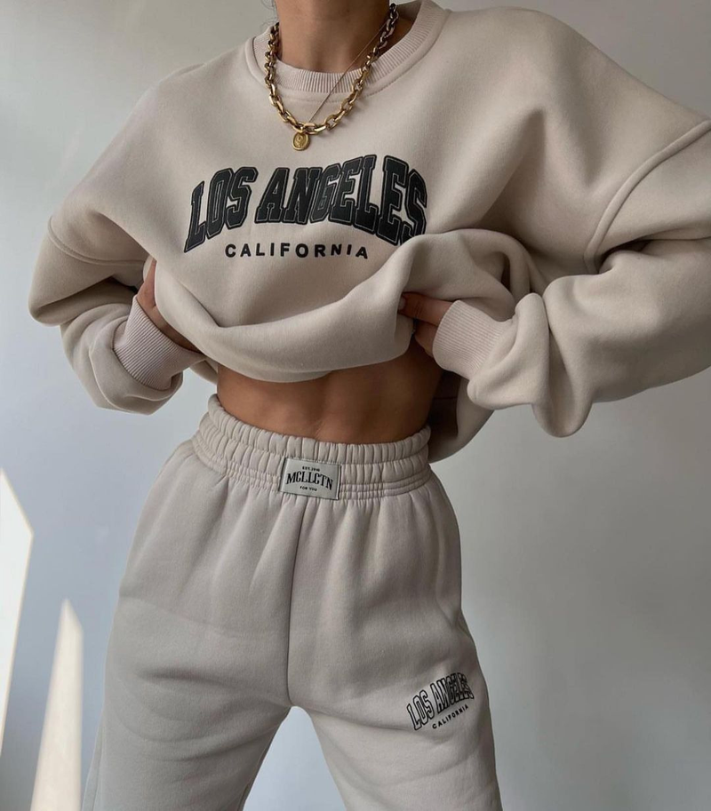 Damenbekleidung Lässiger, modisch bedruckter, verdickter Anzug plus Samt-Sweatshirt mit langen Ärmeln_voghion.com