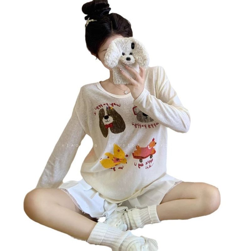 Apricot Cartoon Print Design, Long Sleeved T-shirt, Women's Early Autumn Lazy Style, Loose And Casual Interior, Round_voghion.com