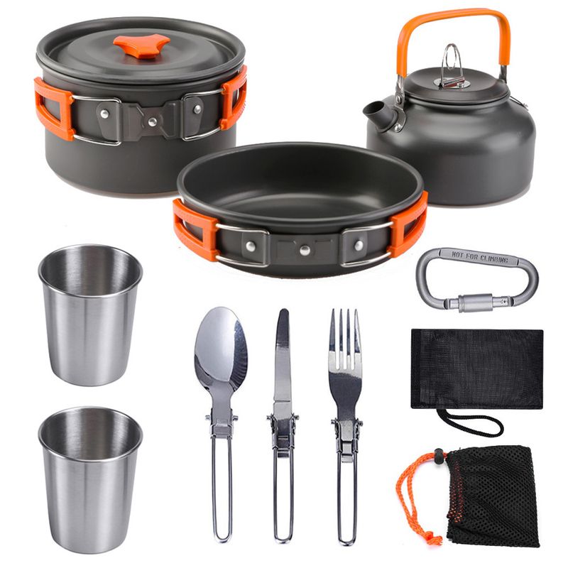 Outdoor-Produkter, Outdoor-Dëppen-Set fir 2-3 Persounen, Camping-Téikännchen-Geschir-Set, dräideelegt Kachgeschir-Set_voghion.com