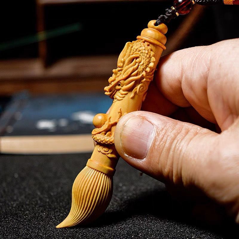 Small Leaf Boxwood Carving Coiled Dragon Gold List Name Calligraphy Brush Cultural Plaything Handheld Ornament Exam_voghion.com