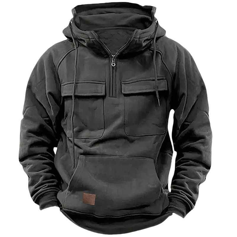 Taktisches Kapuzen-Sweatshirt mit halbem Reißverschluss für Herren, einfarbiges, warmes Fleece-Sweatshirt im Workwear-Stil, Kapuzenjacke mit mehreren Taschen für Herren_voghion.com