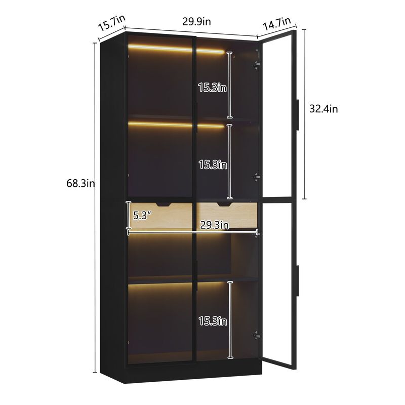 Display Cabinet With Glass Doors, Tall Storage Cabinet With 3 Color Lights, Curio Display Case With 4-Tier Storage Shelves And Drawer For Collectibles, Living Room, Home Office_voghion.com