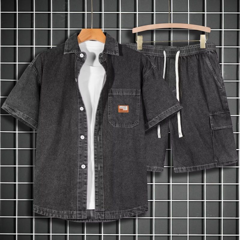 Męska odzież Męska cienka dżinsowa koszula z krótkim rękawem Garnitur Modne, eleganckie, codzienne szorty_voghion.com