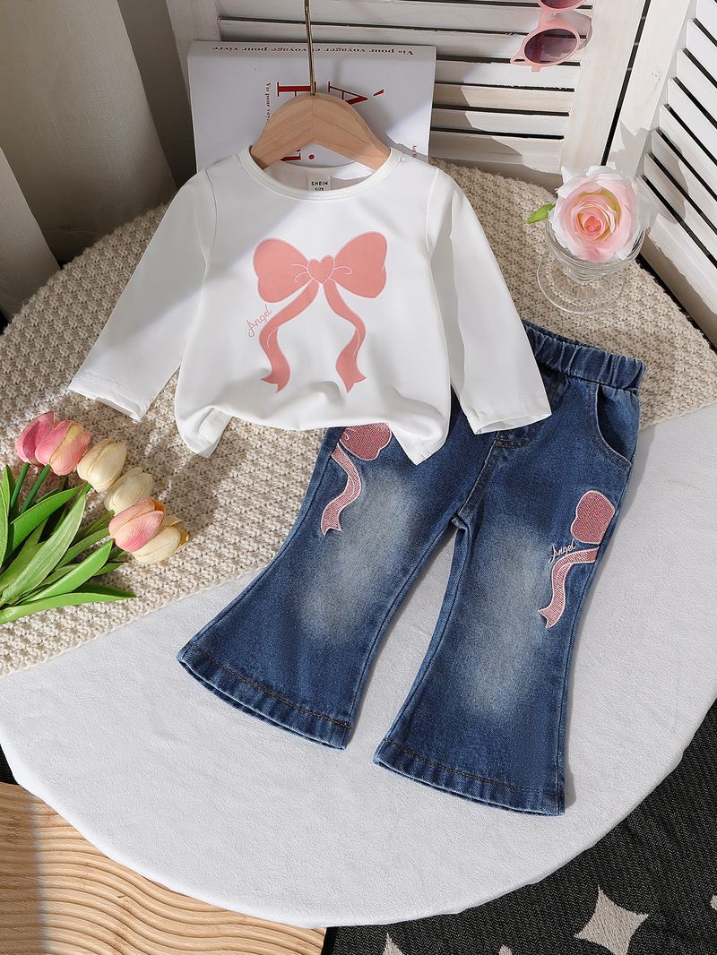 Completo da 2 pezzi con top in maglia stampata e jeans con fiocco ricamato per neonata – Completo in morbido cotone (6 mesi-3 anni, bianco)_voghion.com