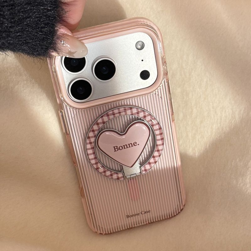 Custodia a righe rosa e marroni per iPhone 17, 15 con supporto magnetico a forma di cuore, iPhone 16 Pro Max antiurto, 14 morbido_voghion.com