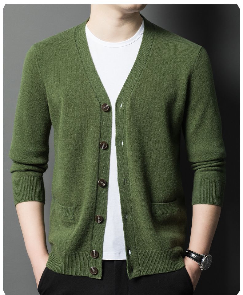 Herbst-Winter-Pullover aus reiner Wolle mit V-Ausschnitt und einfarbigem Farbverlauf für Männer mittleren und älteren Alters, vielseitiger Strickpullover_voghion.com