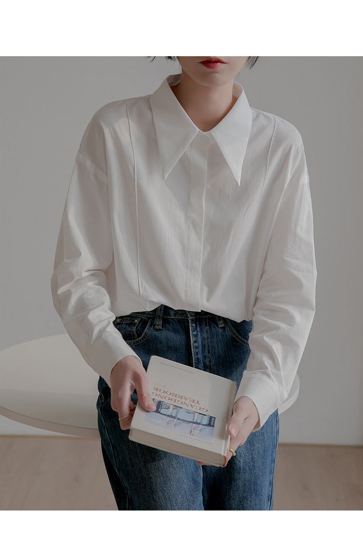 2025 Nvyis2025 Primavera Colletto a punta Un top in stile francese di nicchia, camicia casual ampia per donne con maniche lunghe_voghion.com