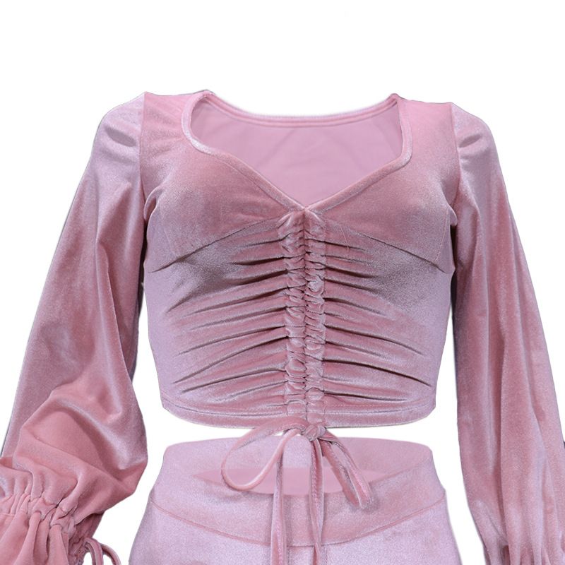 Women's Clothing autumn and winter sexy navel-baring long-sleeved top solid color micro-flared pants two-piece set_voghion.com