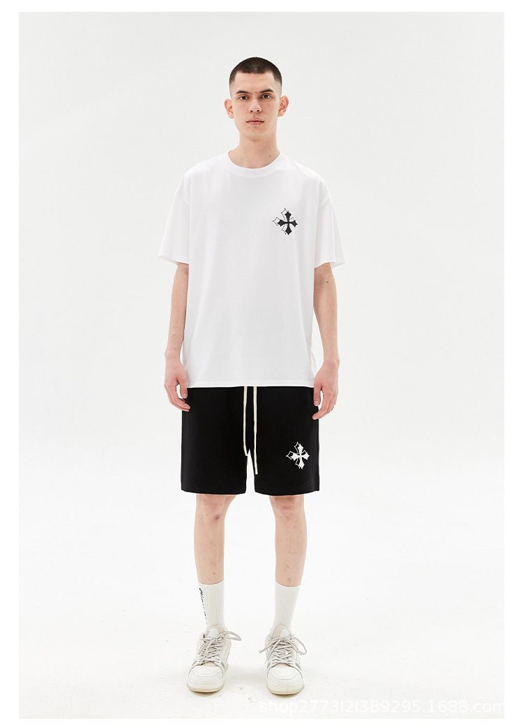 Trndy brand nw product damagd cross print casual vrsatil T-shirt short slvd shirt Amrican high strt coupl_voghion.com