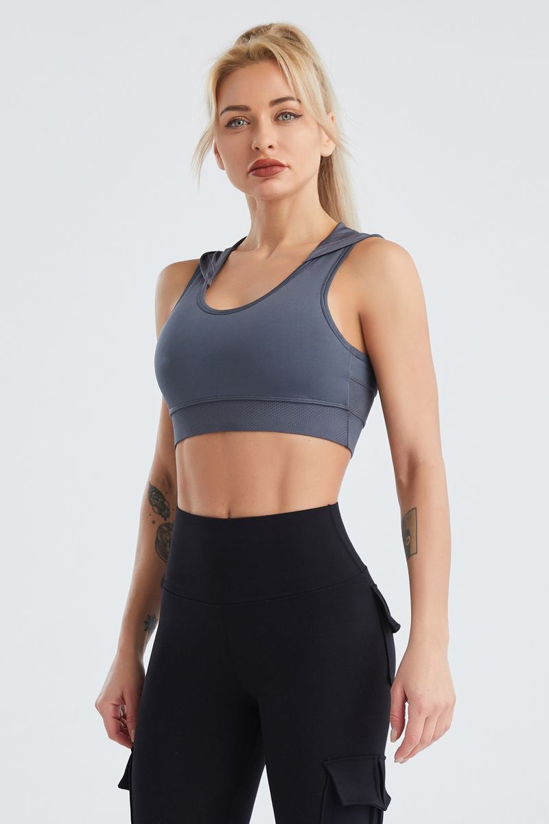 Cross-border hooded yoga wear for women summer mesh breathable quick-drying vest running nude sports bra with chest pads_voghion.com