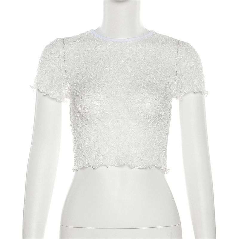 T-shirt versatile slim fit con apertura ombelico, in rete di filato, a maniche corte, con scollo rotondo e tendenza moda estate 2025 da donna_voghion.com